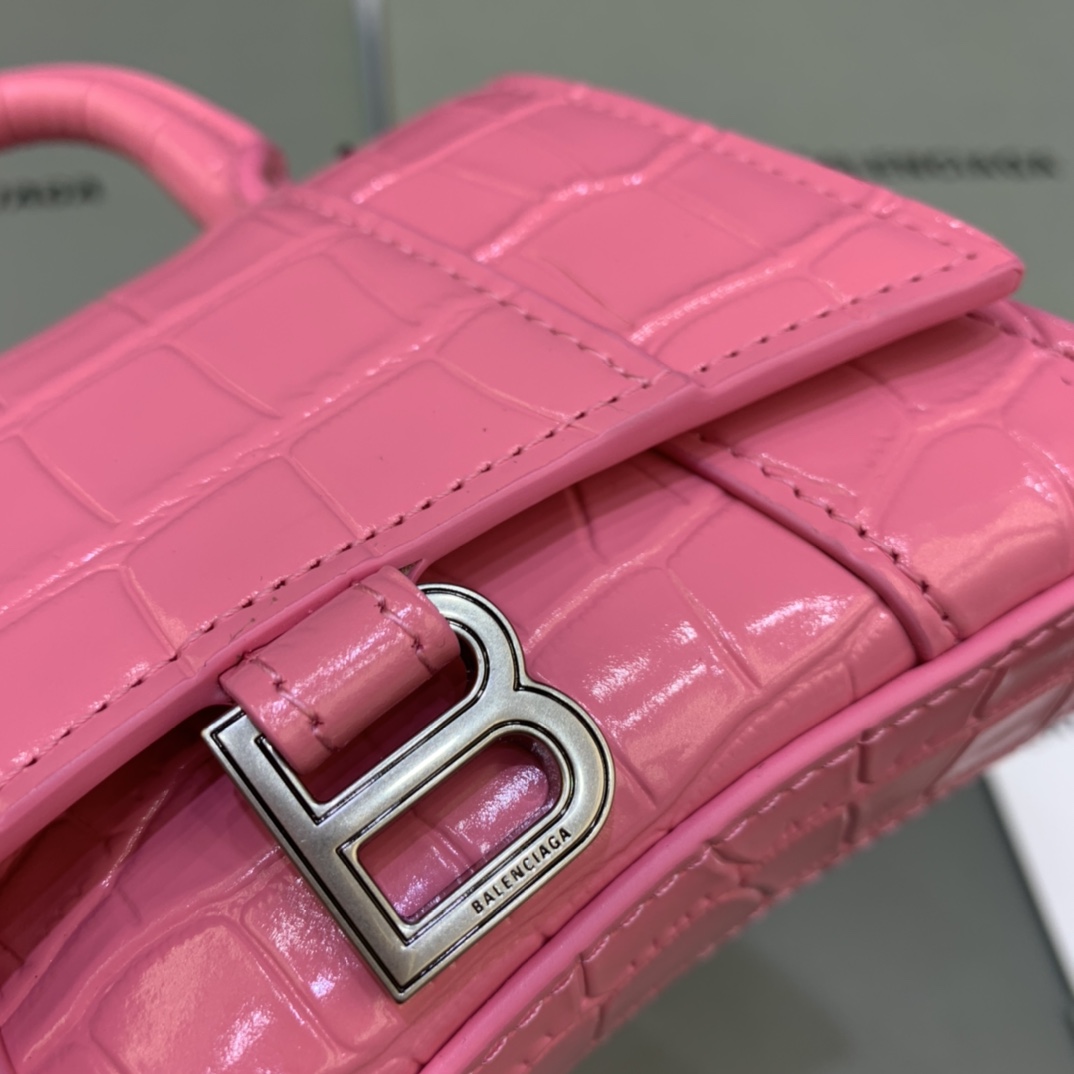 Balenciaga Hourglass Mini Handbag With Chain Crocodile Embossed Shoulder Bag Pink